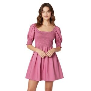 Hill House The Naia Nap Mini Dress Lipstick Pink Smocked Puff Sleeve Size Small